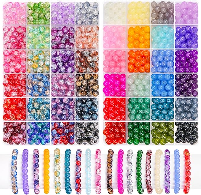 BONNY BOXX 1200 PCs 8mm Round Glass Beads for Jewelry Making, Bulk Crystal Beads in 48 Assorted Colors, Crackle Glass Beads for Bracelets, Necklaces, Earrings, Jewelry Design & DIY Art Projects