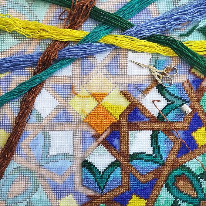 Brvsk Oriental Embroidery Kit for Adults and Beginners — Marrakesh 16″ × 16″ with Clear, Precise Printed Design on Cotton Canvas; Includes 2 Needles, Yarn, and Easy-Read Chart