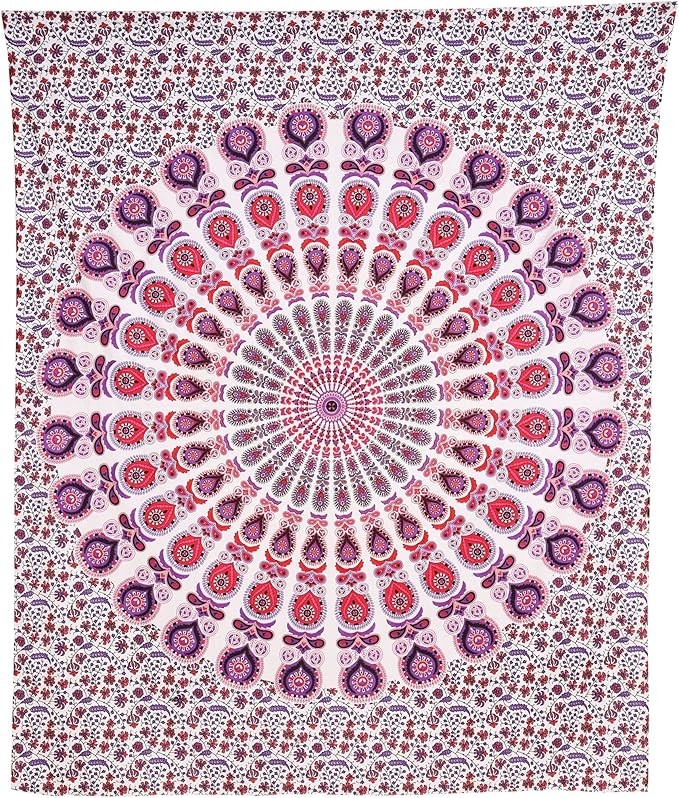 bless international handmade indian hippie bohemian psychedelic peacock mandala wall hanging college dorm beach throws table cloth bedding tapestry (pink blue, king(88x104inches)(225x265cms))