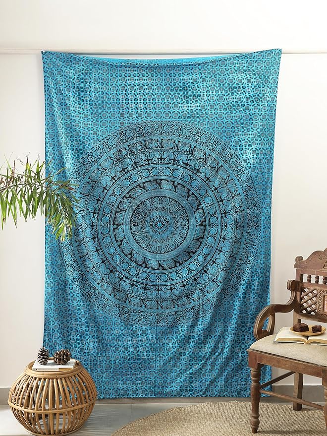 popular handicrafts twin mandala hippie tie dye psychedelic elephant tapestry wall hanging - indian maditation gypsy bohemian hippy dorm room decor tarqouise 82x54 inch
