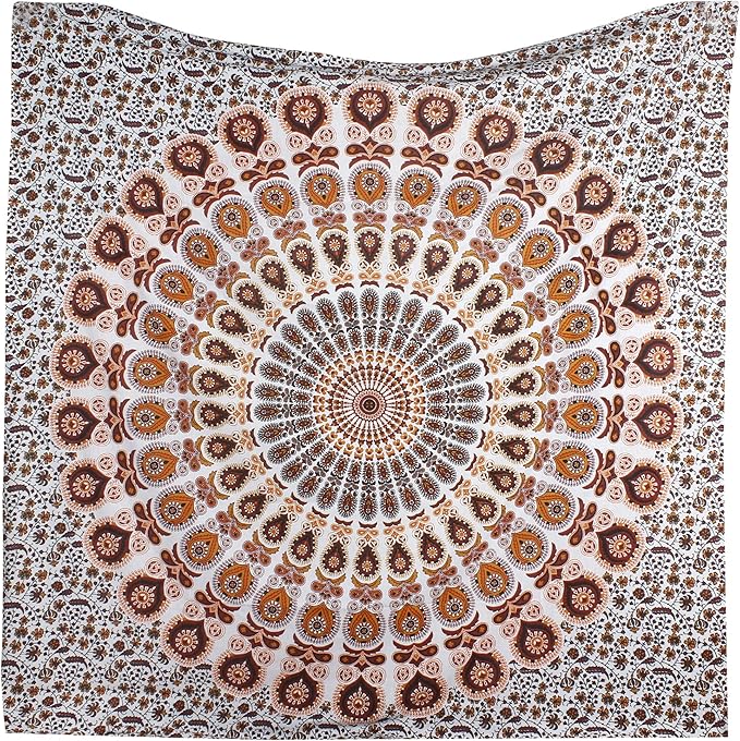 bless international handmade indian hippie bohemian psychedelic peacock mandala wall hanging college dorm beach throws table cloth bedding tapestry (orange brown, king(88x104inches)(225x265cms))