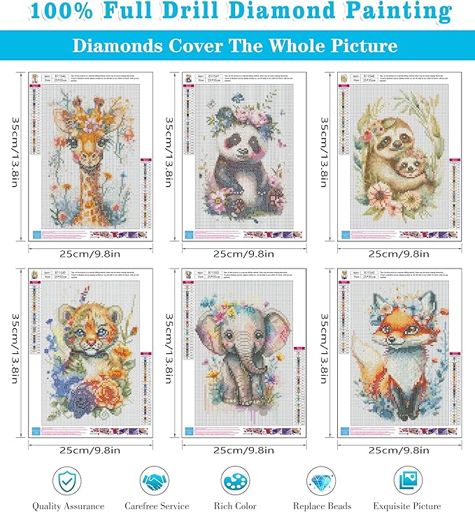 Meothan 6 Pack Diamond Painting Kits, Animal Diamond Art Kits for Adults Full Drill Diamond Paintings Kits for Adults Beginners DIY Animal Diamond Painting Set Gem Art Wall Decor 9.8x13.8inch