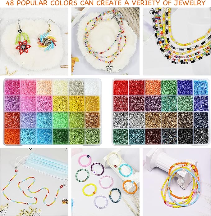 Bala&Fillic Size 2mm Seed Beads 48 Colors About 38000 pcs in Storage Box, 12/0 Glass Seed Beads for Making Bracelets Earrings Necklaces Jewelry
