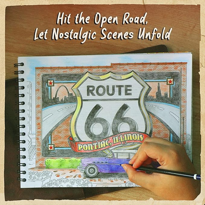 ColorIt Route 66 Adult Coloring Book, 50 Iconic Stops, Sights, and Signs Along America’s Main Street, Printed on Thick Paper with Spiral Binding, Hardback Book Cover, Perforated Edges, and Ink Blotter