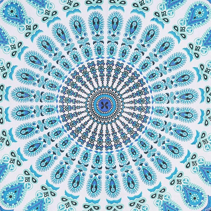 bless international handmade indian hippie bohemian psychedelic peacock mandala wall hanging college dorm beach throws table cloth bedding tapestry (peacock sky blue, twin(54x72inches)(140x185cms))
