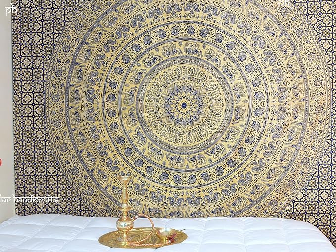 popular handicrafts tapestry wall hanging hippie elephant metallic mandala bohemian hippy intricate indian tapestries bedspread 54 x 82 inches (140cm x 210cm) gold on blue dye