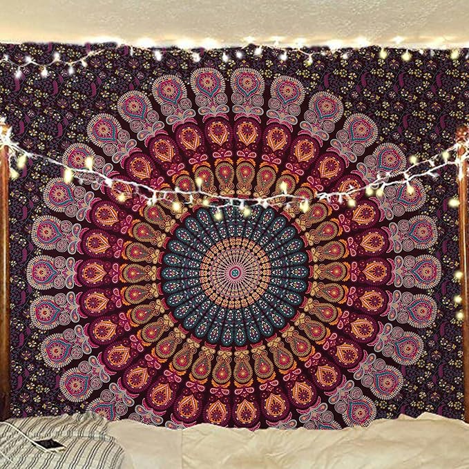 bless international handmade indian hippie bohemian psychedelic peacock mandala wall hanging college dorm beach throws table cloth bedding tapestry (golden pink blue, queen(84x90inches)(215x230cms))