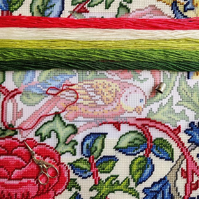 Brvsk Embroidery Kit for Adults and Beginners — Enchanted Bird by William Morris 16″ × 16″ with Clear, Precise Printed Design on Cotton Canvas; Includes 2 Needles, Yarn, and Easy-Read Chart