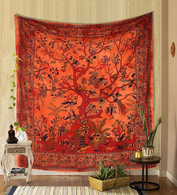 the art box tapestry orange tree of life wall hanging – indian cotton full size bedspread, picnic sheet, wall decor, blanket, wall art for bedroom (full, 85x90 inch)