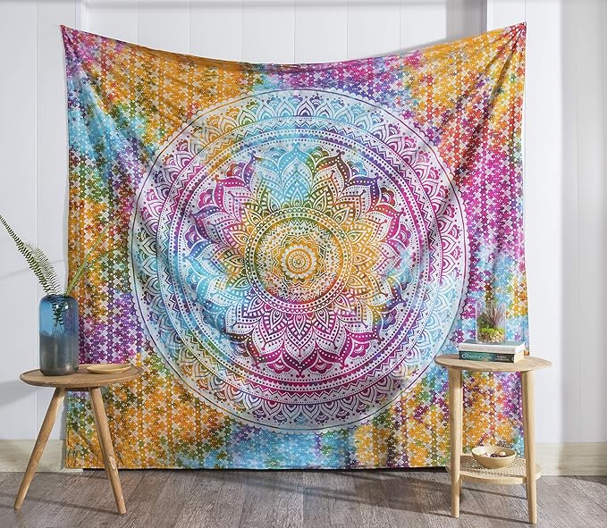 popular handicrafts tapestry wall hanging hippie mandala bohemian hippy medallion psychedelic ombre design indian tapestries bedspread 54 x 60 inches (140cm x 150cm) multicolor tie dye