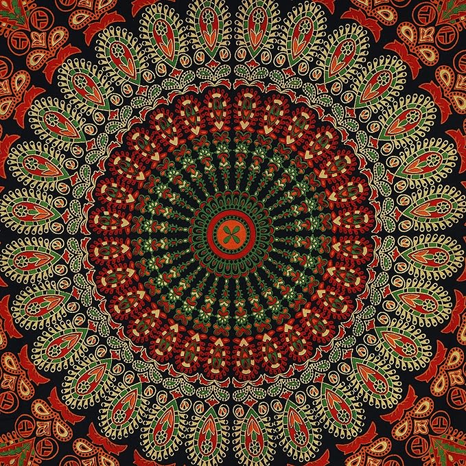bless international handmade indian hippie bohemian psychedelic peacock mandala wall hanging college dorm beach throws table cloth bedding tapestry (golden green, poster(30x40inches)(76x101cms))