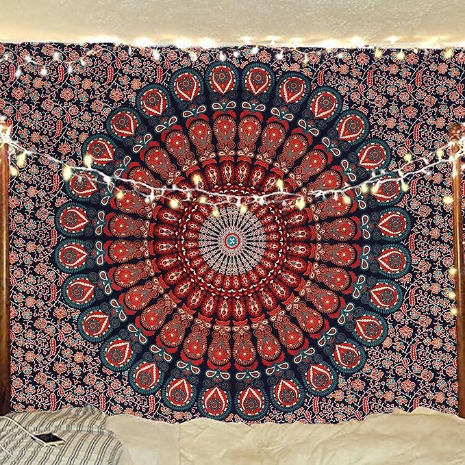 bless international handmade indian hippie bohemian psychedelic peacock mandala wall hanging college dorm beach throws table cloth bedding tapestry (golden blue, twin(54x72inches)(140x185cms))