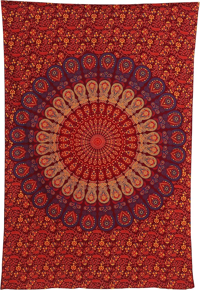 bless international indian hippie bohemian psychedelic golden blue peacock mandala wall hanging bedding tapestry (golden brown maroon, medium (54x60inches)(137x152cms))