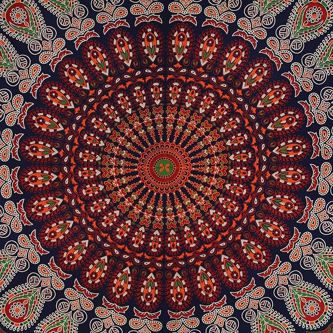 bless international handmade indian hippie bohemian psychedelic peacock mandala wall hanging college dorm beach throws table cloth bedding tapestry (golden red green, twin(54x72inches)(140x185cms))