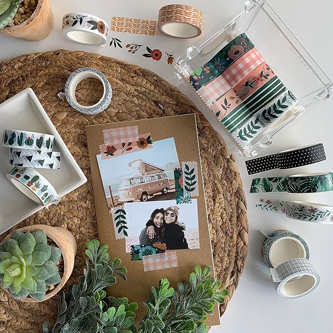zynshe washi tape set of 16 rolls of 15 mm wide cute decorative washi tape for journaling, scrapbook, washy crafts, bullet journals, planners, diy décor, gift wrapping, craft supplies (meadow)