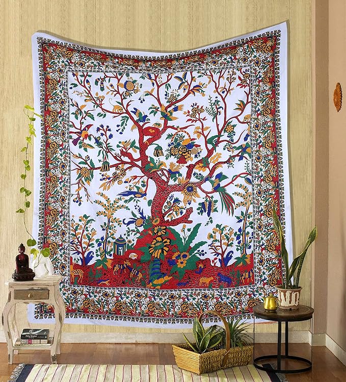 the art box tapestry white tree of life wall hanging – indian cotton twin bedspread, picnic sheet, wall decor, blanket, wall art for bedroom (medium, 60x54 inch)
