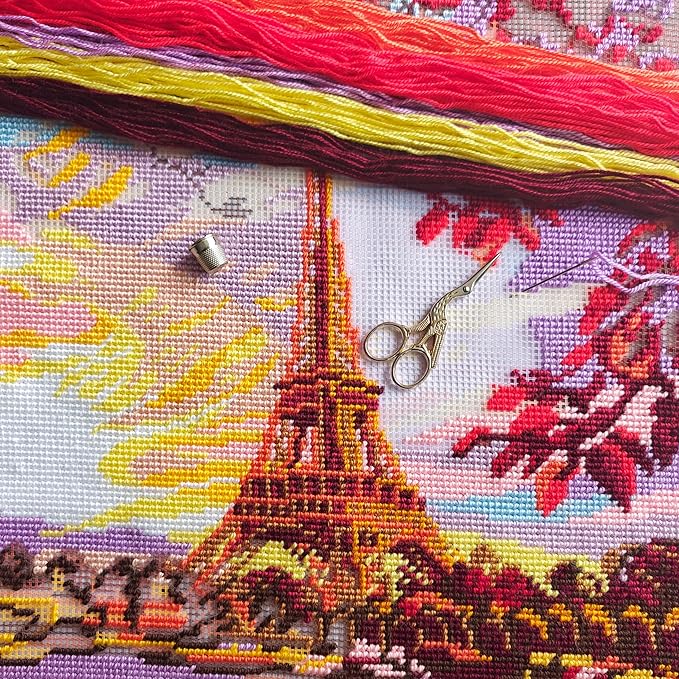 Brvsk Landmark Embroidery Kit for Adults and Beginners — Paris Morning Light 16″ × 16″ with Clear, Precise Printed Design on Cotton Canvas; Includes 2 Needles, Yarn, and Easy-Read Chart