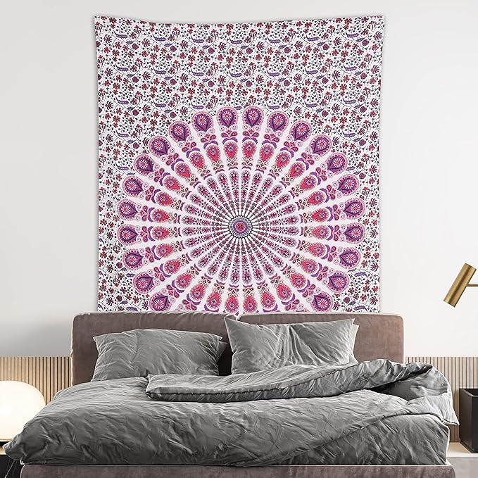 bless international handmade indian hippie bohemian psychedelic peacock mandala wall hanging college dorm beach throws table cloth bedding tapestry (pink blue, twin(54x72inches)(140x185cms))