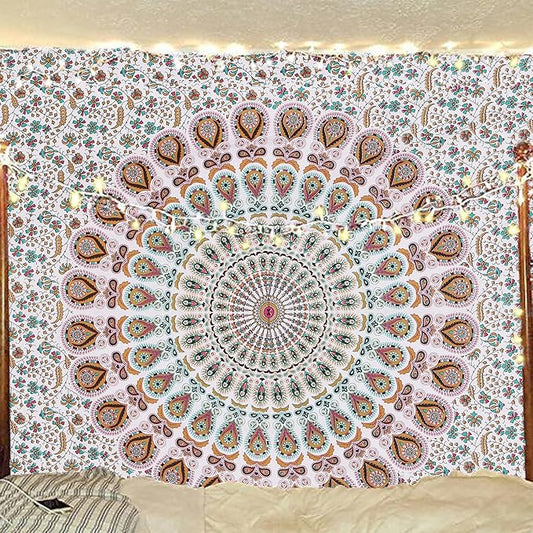 bless international handmade indian hippie bohemian psychedelic peacock mandala wall hanging college dorm beach throws table cloth bedding tapestry (floral gold, medium(54x60inches)(137x152cms))