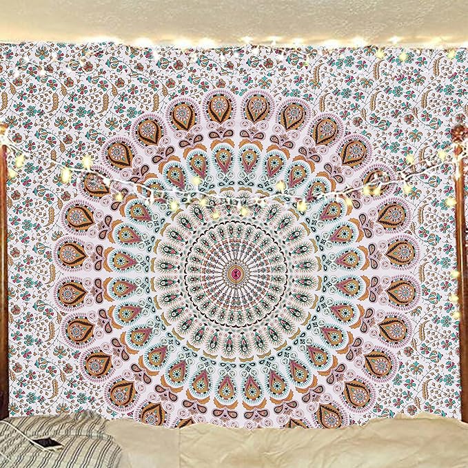 bless international handmade indian hippie bohemian psychedelic peacock mandala wall hanging college dorm beach throws table cloth bedding tapestry (floral gold, poster(30x40inches)(76x101cms))