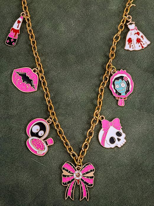 Halloween Enamel Charms, 32 Pcs Metal Set, 8 Pink-Black Pastel Goth Designs for Jewelry Making, Keychains, Phone Straps (Ghost Bride, Skull, Lipstick, Bow, Bat Lips, Compact, Bloody Dress, Zombie Cameo)