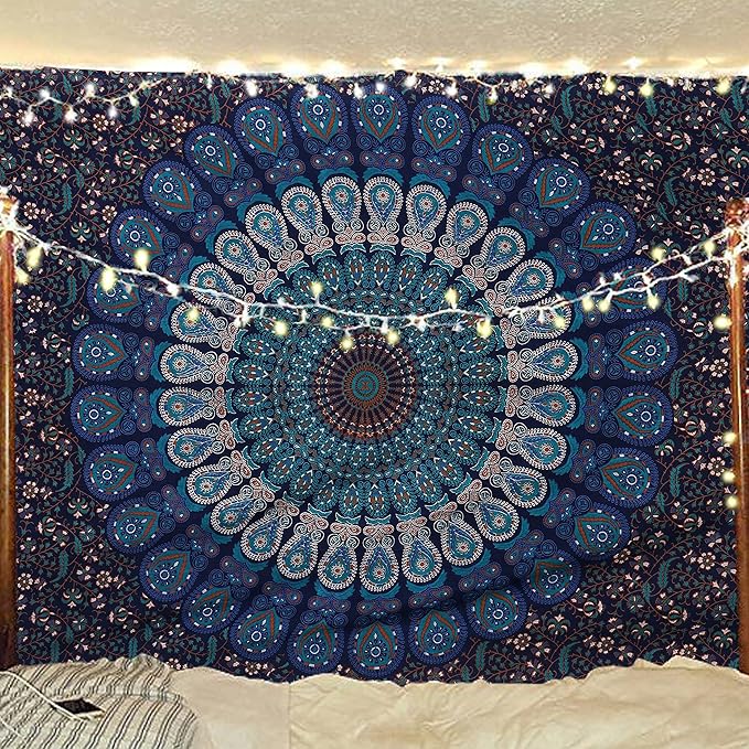 bless international handmade indian hippie bohemian psychedelic peacock mandala wall hanging college dorm beach throws table cloth bedding tapestry (blue green, medium(54x60inches)(137x152cms))