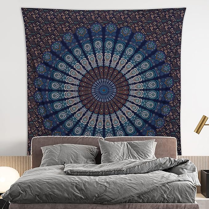 bless international handmade indian hippie bohemian psychedelic peacock mandala wall hanging college dorm beach throws table cloth bedding tapestry (blue green, queen(84x90inches)(215x230cms))