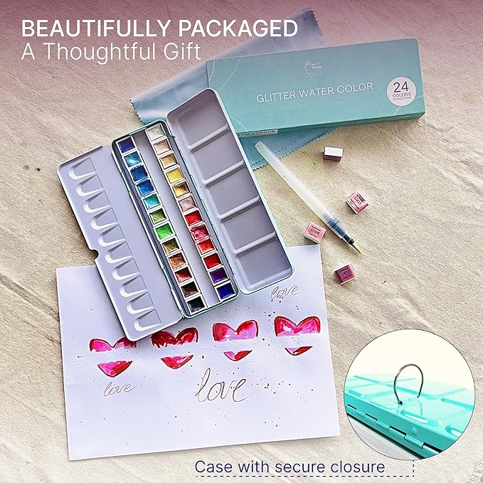 Metallic Watercolor Paint Set 24 Colors Half-Pans in Tin Box with Water Brush, High Pigment Multi-Effect Metallics, Works on Light & Dark Paper, Non-Toxic