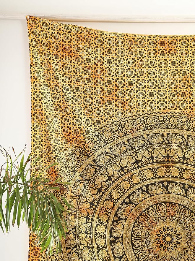 popular handicrafts twin mandala hippie tie dye psychedelic elephant tapestry wall hanging - indian maditation gypsy bohemian hippy dorm room decor yellow 82x54 inch