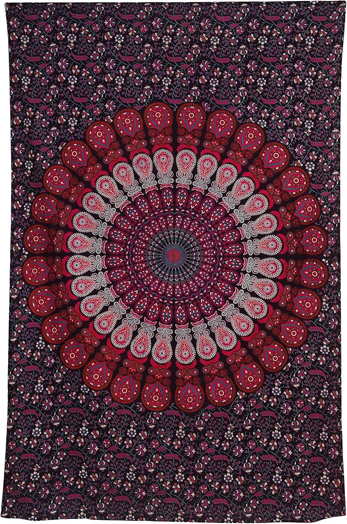 bless international handmade indian hippie bohemian psychedelic peacock mandala wall hanging college dorm beach throws table cloth bedding tapestry (purple pink, medium(54x60inches)(137x152cms))