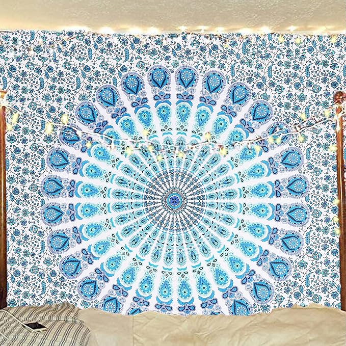 bless international handmade indian hippie bohemian psychedelic peacock mandala wall hanging college dorm beach throws table cloth bedding tapestry (peacock sky blue, twin(54x72inches)(140x185cms))