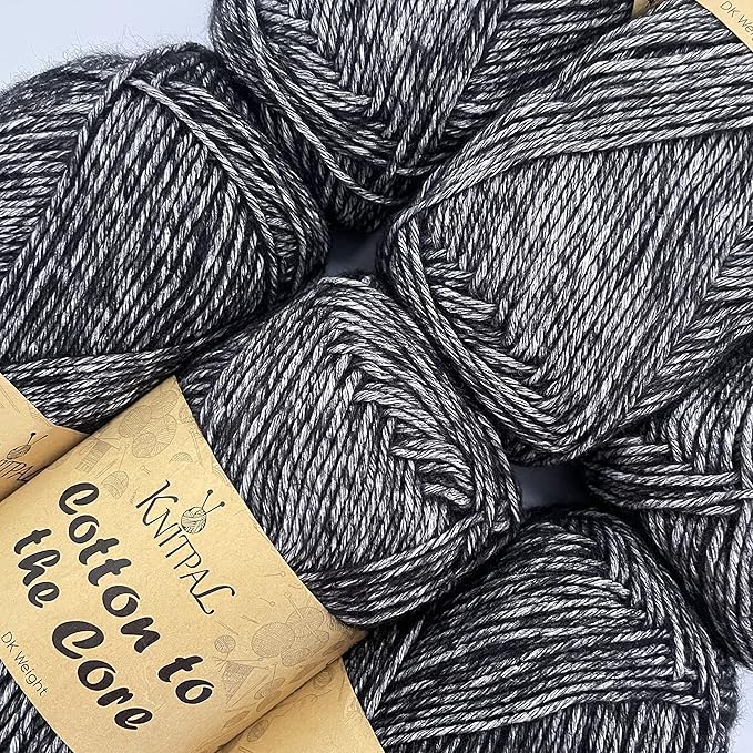 Cotton to The Core Cotton Yarn for Crocheting, 6-Pack (852 Yds / 300G), Free Patterns, Beginners Friendly - Soft Baby Yarn for Knitting - 3 DK Light Worsted Weight - Charcoal Black