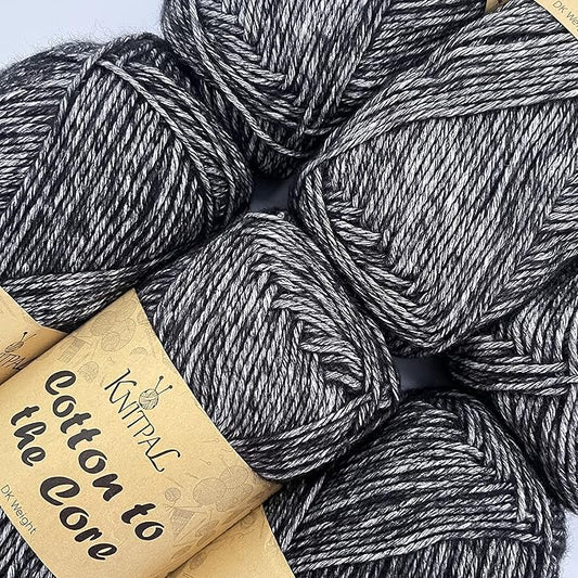 Cotton to The Core Cotton Yarn for Crocheting, 6-Pack (852 Yds / 300G), Free Patterns, Beginners Friendly - Soft Baby Yarn for Knitting - 3 DK Light Worsted Weight - Charcoal Black