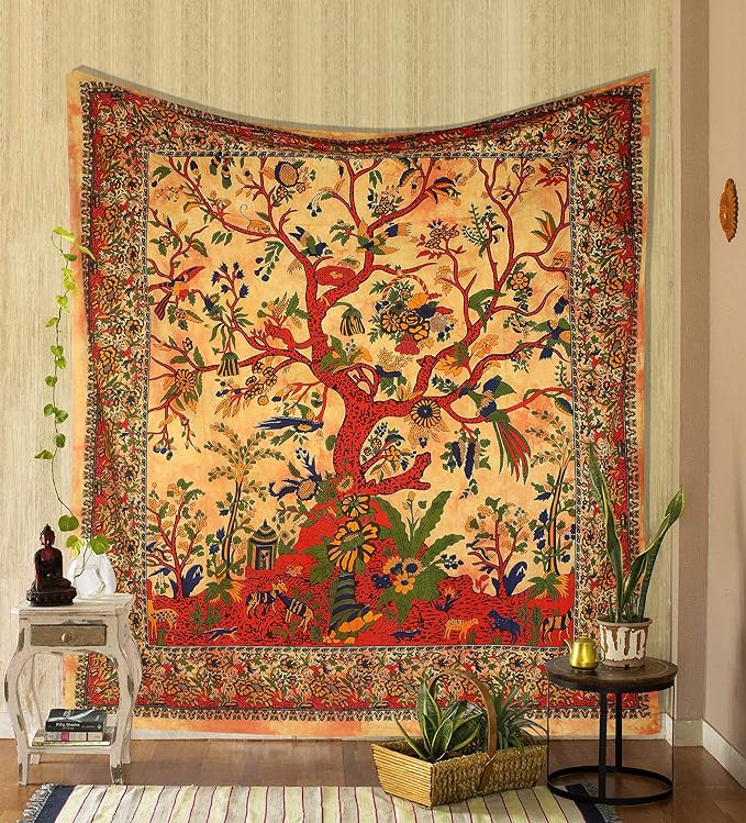 the art box tapestry yellow orange tree of life wall hanging – indian cotton twin bedspread, picnic sheet, wall decor, blanket, wall art for bedroom (twin, 82x54 inch)