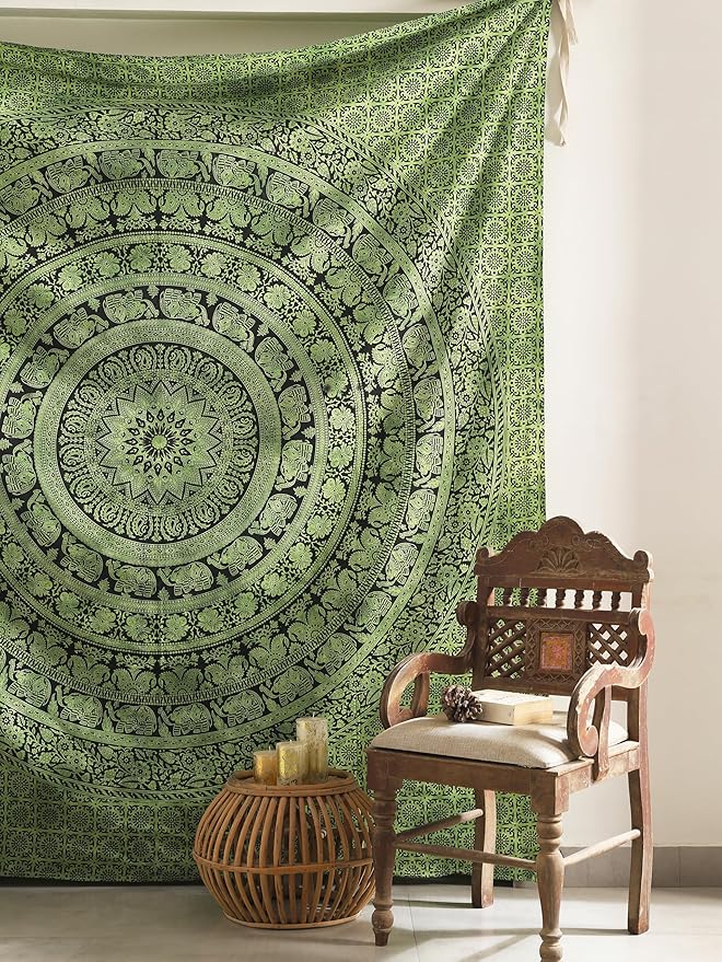 popular handicrafts queen mandala hippie tie dye psychedelic elephant tapestry wall hanging - indian maditation gypsy bohemian hippy dorm room decor green 81x88 inch