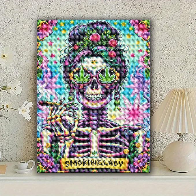 KUFWKEY Skull Diamond Art Kits for Adults,Skeleton Diamond Painting Kit for Beginner,DIY Handicrafts,Full Drill Round Diamond Dots Kits,Mosaic Gem Art and Crafts,Halloween Wall Decor 12x16 inch