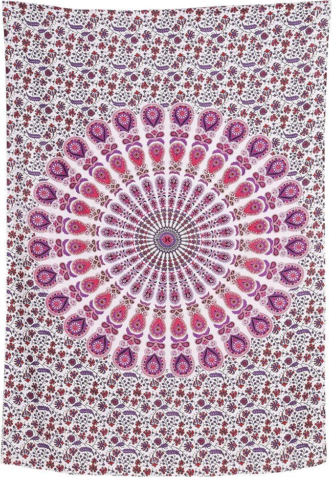 bless international handmade indian hippie bohemian psychedelic peacock mandala wall hanging college dorm beach throws table cloth bedding tapestry (pink blue, twin(54x72inches)(140x185cms))