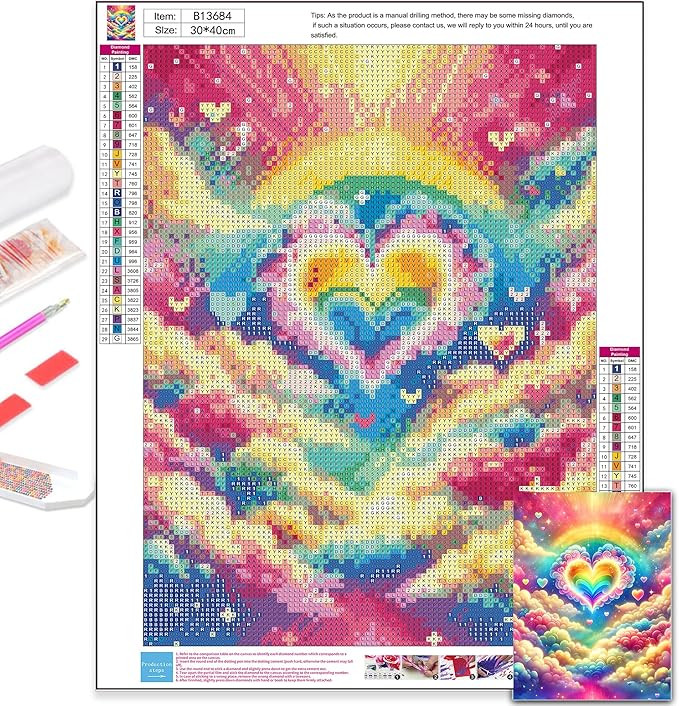 Axquilon Diamond Art Kits for Adults-Rainbow Heart 5D Diamond Painting Kits for Beginners- Round DIY Arts and Crafts Gem Art Kits for Home Decor Gift-12x16in