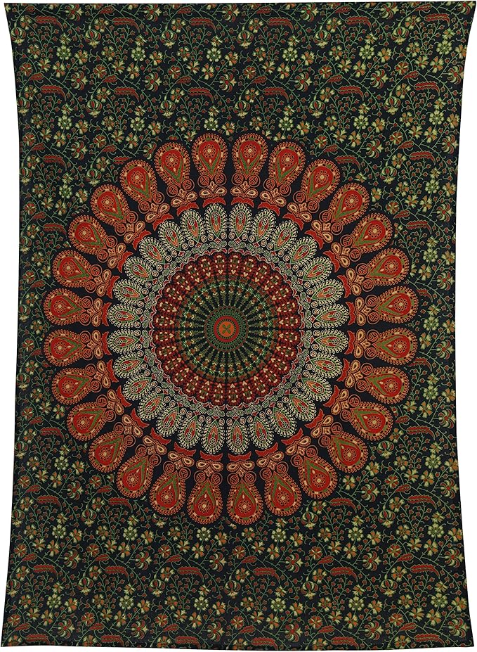 bless international handmade indian hippie bohemian psychedelic peacock mandala wall hanging college dorm beach throws table cloth bedding tapestry (golden green, poster(30x40inches)(76x101cms))