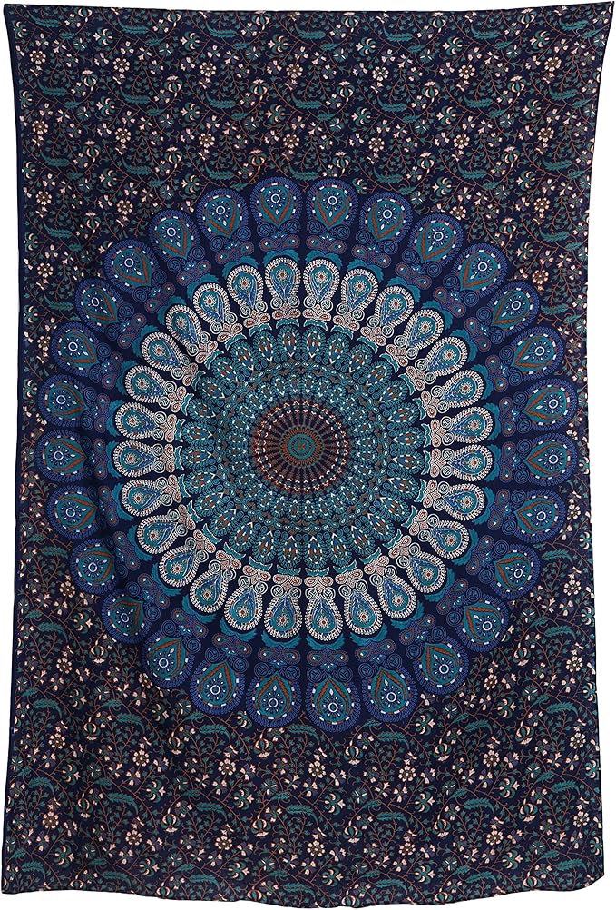 bless international handmade indian hippie bohemian psychedelic peacock mandala wall hanging college dorm beach throws table cloth bedding tapestry (blue green, medium(54x60inches)(137x152cms))
