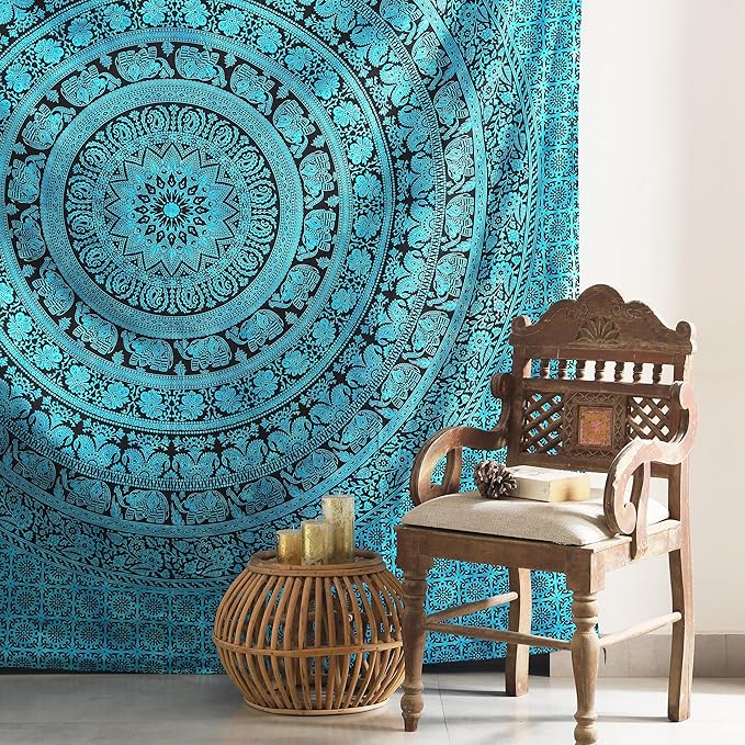 popular handicrafts queen mandala hippie tie dye psychedelic elephant tapestry wall hanging - indian maditation gypsy bohemian hippy dorm room decor tarqouise 81x88 inch