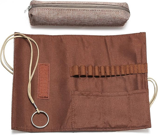 Traditional Aluminum Crochet Hooks Case, 14 Slots Roll-up Crochet Hook Organizer with a Detached Zipper Bag (Beige-Orange)