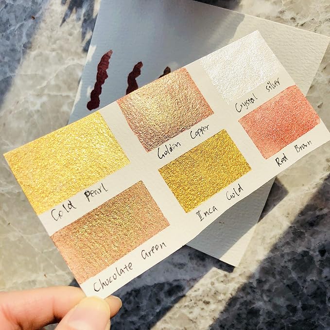 Csy Art Supplies Handmade Watercolors Paint Set - 6 Metallic Gold Colors Half Pans Glitter Solid Water Color- Metal Case Sparkle Pearlescent Watercolour For Artists, Students & Hobbyists