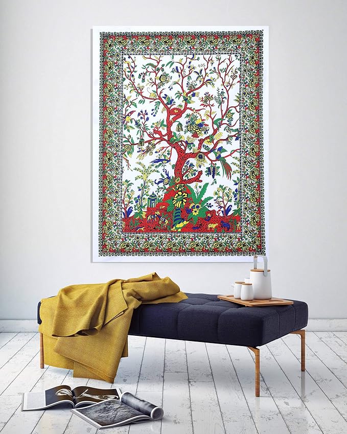 the art box tapestry white tree of life wall hanging – indian cotton poster, small picnic sheet, wall decor, blanket, wall art for bedroom (30x40 inch)