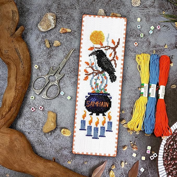 Povitrulya Cross Stitch Bookmark Kit Wheel of the Year: Samhain – Counted DIY Embroidery Set for Adults & Beginners, Witchy Pagan Wiccan Celtic Norse Needlework Gift