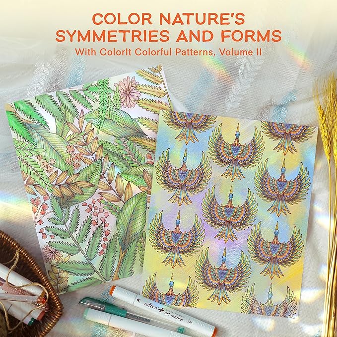 ColorIt Colorful Patterns, Volume II Spiral Bound Adult Coloring Book, 50 Illustrations Inspired by Nature, Animals, Plants & Flowers, Thick Paper, Perforated Edges, Hardback Covers & Ink Blotter