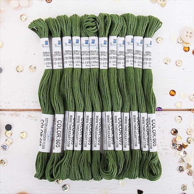 12 Skeins ThreadArt Premium Egyptian Long Fiber Cotton Embroidery Floss | Hunter Green | 6 Strand Divisible Thread 8.75yds Each for Hand Embroidery, Friendship Bracelets, Cross Stitch and Crafts