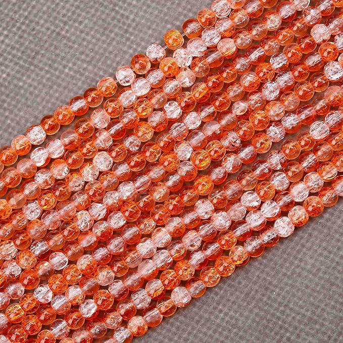 400PCs 4mm Orange Crackle Glass Beads Bulk, Round Smooth Hole Glass Crystal Beads for Jewelry Making, DIY Bracelets, Necklaces, Bag Charms, Keychains and Craft Projects