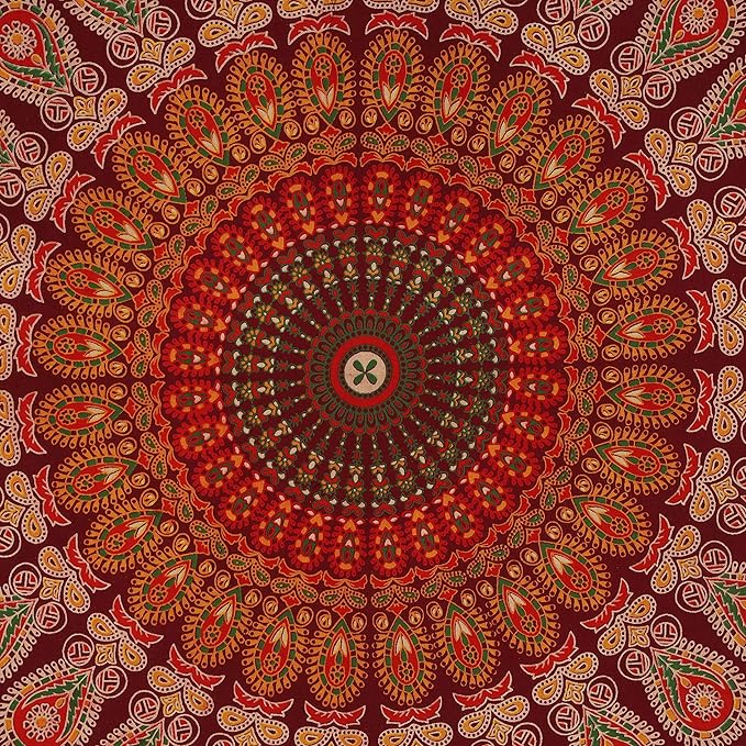 bless international handmade indian hippie bohemian psychedelic peacock mandala wall hanging college dorm beach throws table cloth bedding tapestry (maroon yellow, poster(30x40inches)(76x101cms))