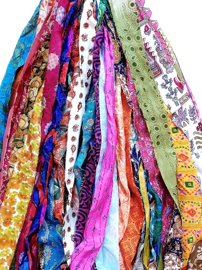 21 Yards Unstitched Recycled Sari Silk Yarn Ribbon Tassels 21 Strips SKEINS Shades Recycled Journal Scrapbook Craft Project Decor DS360 (Mixed, 21 Yard)
